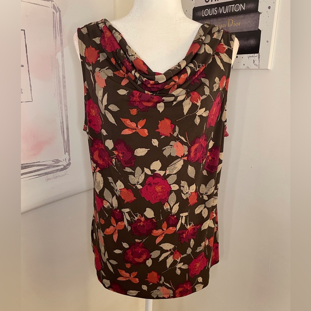 Croft & Barrow Sleeveless Cowl Neck Top with Brown & Red Floral Print Size XL